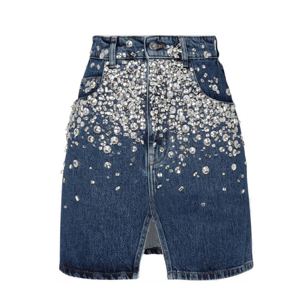 Falda Denim con Abertura Frontal, Perlas y Diamantes