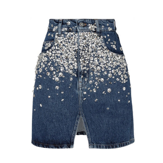 Falda Denim con Abertura Frontal, Perlas y Diamantes - Image 2