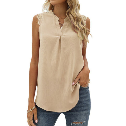 Blusa Suelta Escote V sin Mangas con Encaje de Color Sólido - Image 10
