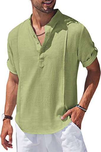 Camisa Lino Henley Hombre Manga Corta Casual Playa Verano - Image 6