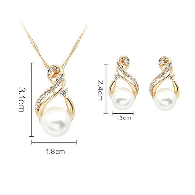 Gold-tone necklace and matching earrings set with white faux pearls and clear rhinestones, ideal for bridal or dinner wear. - Image 6