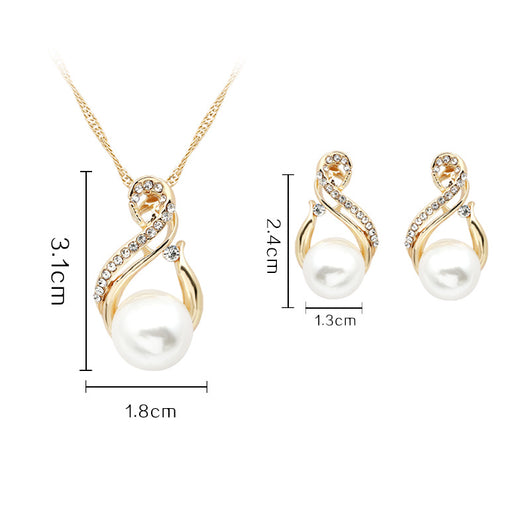 Gold-tone necklace and matching earrings set with white faux pearls and clear rhinestones, ideal for bridal or dinner wear. - Image 6