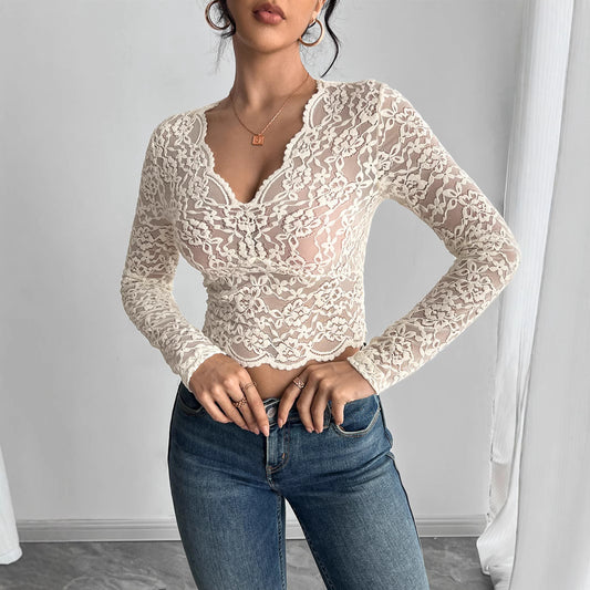 Blusa de Encaje Escote V Manga Larga Colores Sólidos - Image 2