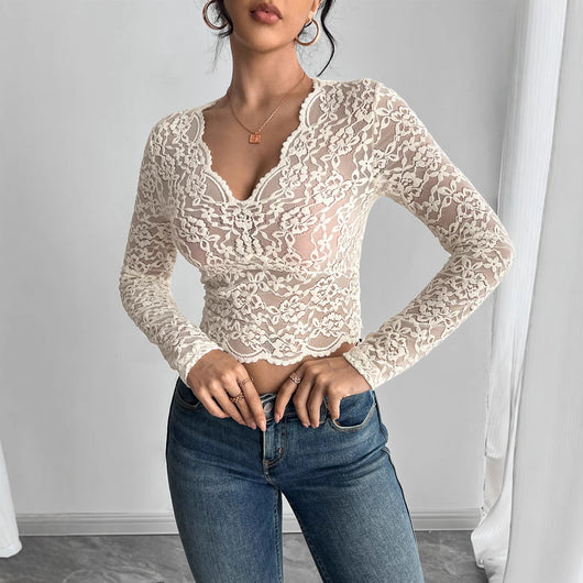 Blusa de Encaje Escote V Manga Larga Colores Sólidos - Image 2