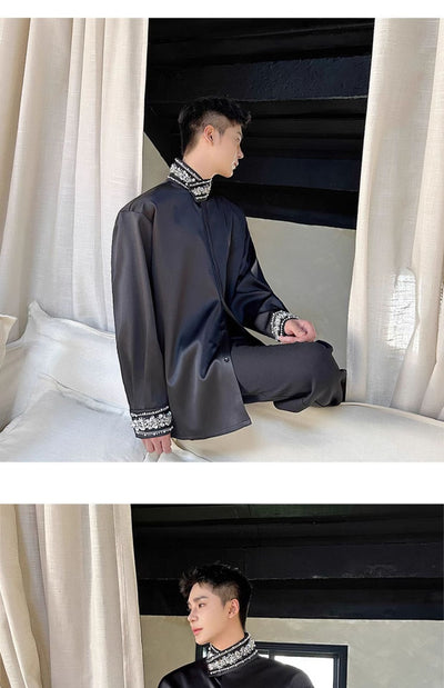 Camisa de Satén Elegante para Hombre con Cuello Mao y Detalles de Lentejuelas Brillantes - Image 20