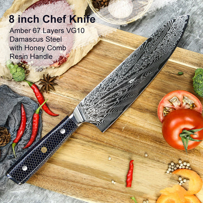 Cuchillo Kiryu Damasco Ámbar - Acero VG-10 67 Capas con Mango de Resina Mama - Image 10