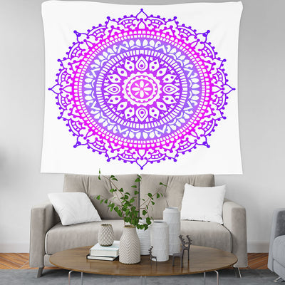 Vibrant mandala galaxy tapestry wall hanging with colorful geometric abstract pattern, displayed above a sofa. - Image 3