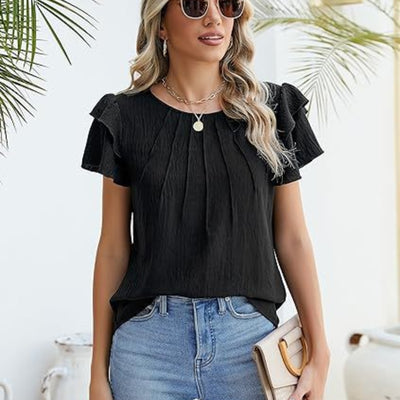 Blusa Ejecutiva Plisada de Manga Corta Cuello Redondo