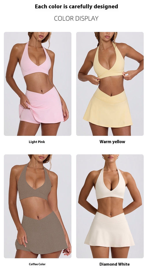 Light pink halter neck sports bra and high-waisted leggings workout set on a model. - Image 51