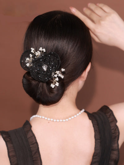 Peineta Elegante Cielo Estrellado con Flores - Moño Alto Exquisito Negro - Image 5