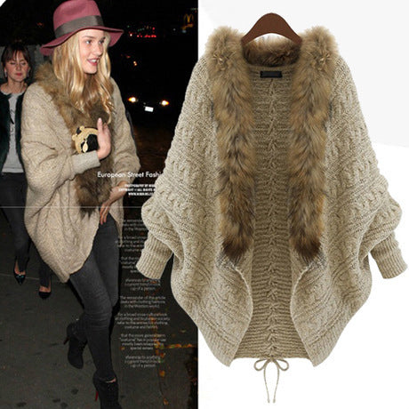 Cardigan Suelto Talla Grande con Cuello de Piel - Suéter Capa Manga Murciélago Otoño Invierno