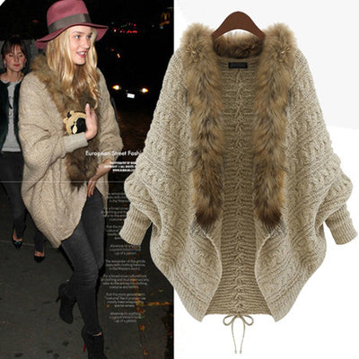 Cardigan Suelto Talla Grande con Cuello de Piel - Suéter Capa Manga Murciélago Otoño Invierno