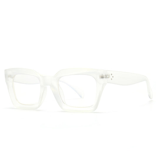 Clear square-framed glasses with a vintage style, featuring a plastic and metal frame and resin lenses. - Image 7