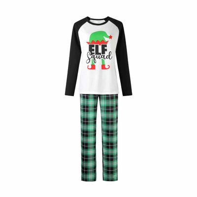 Christmas "ELF Squad" pajama set with white and black raglan long-sleeve top and green plaid pants. - Image 9