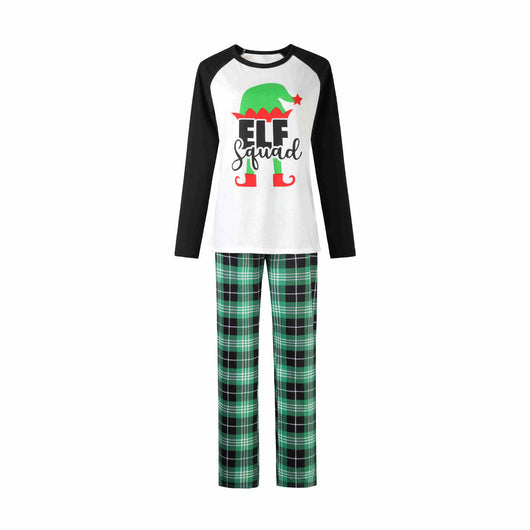 Christmas "ELF Squad" pajama set with white and black raglan long-sleeve top and green plaid pants. - Image 9