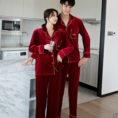 Pijamas para Parejas Terciopelo Rojo Dorado - Manga Larga Otoño Primavera