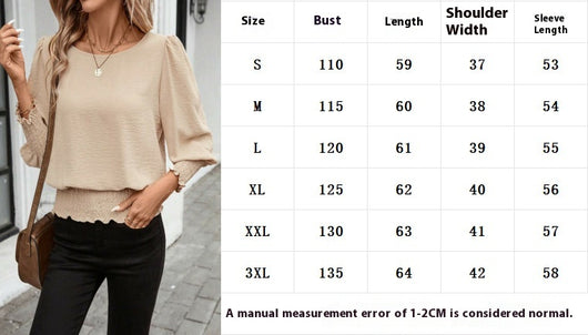 Blusa Holgada Talla Grande Cuello Redondo Color Liso con Fruncido y Manga Farol - Image 8