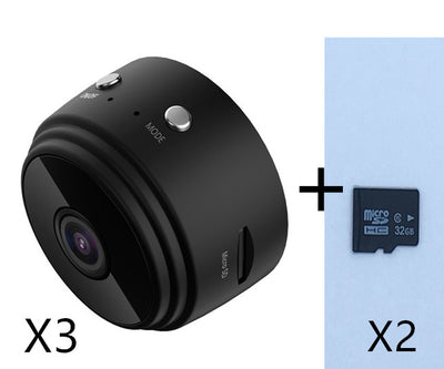 White A9 WIFI wireless network camera with a black lens, shown next to a black 32GB microSD card. - Image 21