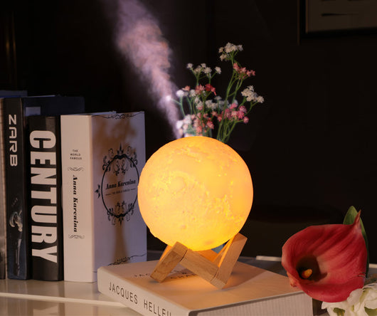 Moon-shaped night light and air humidifier on a wooden stand, emitting mist and a warm glow, with books and flowers. - Image 30