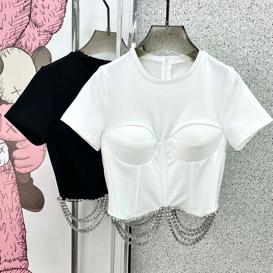 Blusa Francesa de Pedrería con Corte Tridimensional, Ajustada y Manga Corta para Mujer