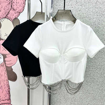 Blusa Francesa de Pedrería con Corte Tridimensional, Ajustada y Manga Corta para Mujer