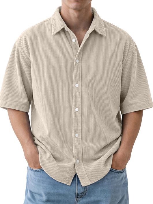 Camisa de Pana Suelta para Hombre - Manga Corta Color Sólido - Image 10