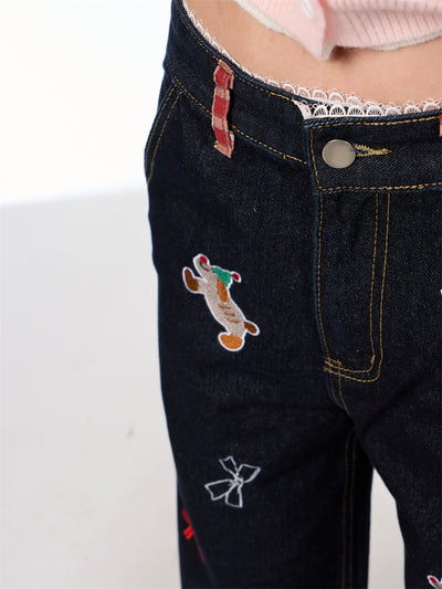Jeans de Pierna Ancha Cintura Alta con Bordado de Moño Vintage - Image 24