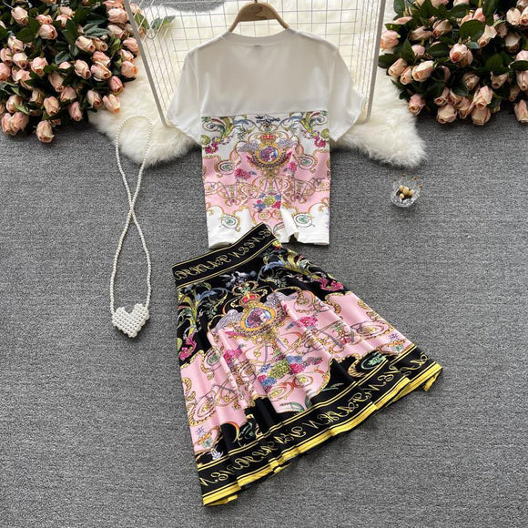 Conjunto de Dos Piezas: Blusa Estampada y Falda Corta para Mujer