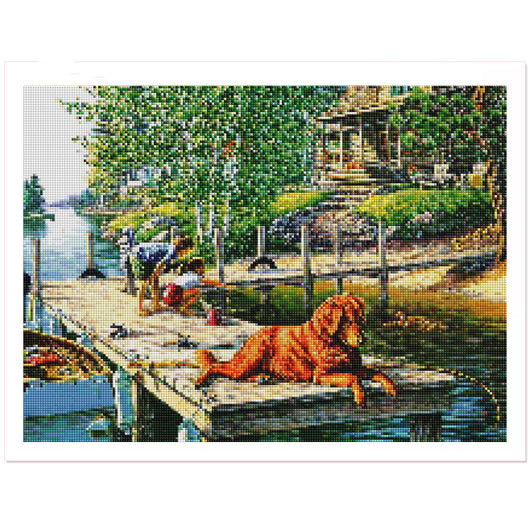 Cuadro Diamante Pintura Perro Lago - Bordado Redondo DIY