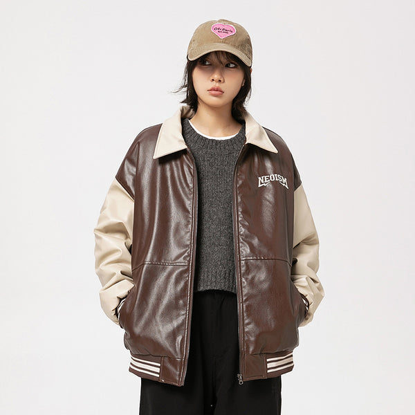 Chaqueta de Cuero PU Estilo Retro Americano con Letras Bordadas para Hombre
