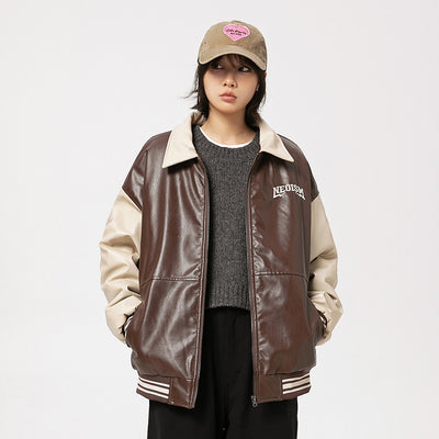 Chaqueta de Cuero PU Estilo Retro Americano con Letras Bordadas para Hombre