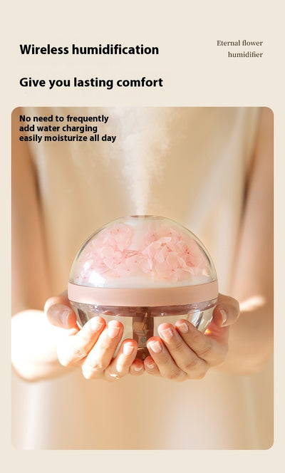 Pink round mini humidifier with clear dome, decorative pink flowers, and a light-up base, ideal for desktop or bedroom. - Image 12