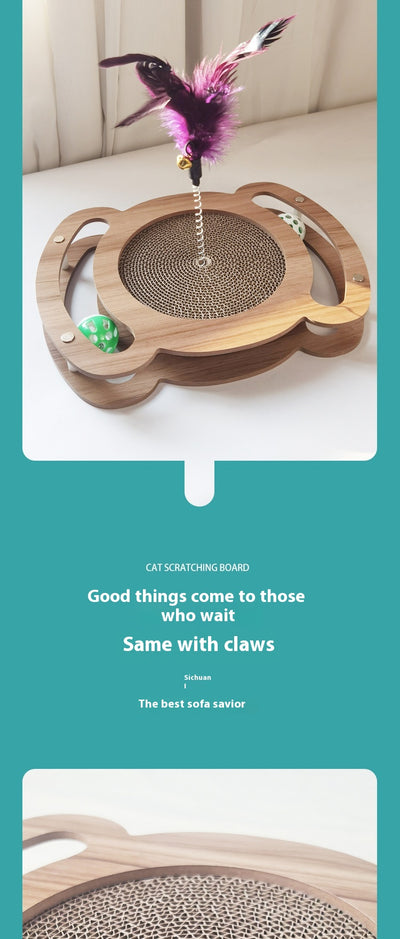 Multi-level cat scratcher with a round corrugated cardboard surface, a wooden track with a green ball, and a pink feather wand with a bell. - Image 7