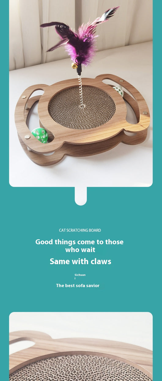 Multi-level cat scratcher with a round corrugated cardboard surface, a wooden track with a green ball, and a pink feather wand with a bell. - Image 7