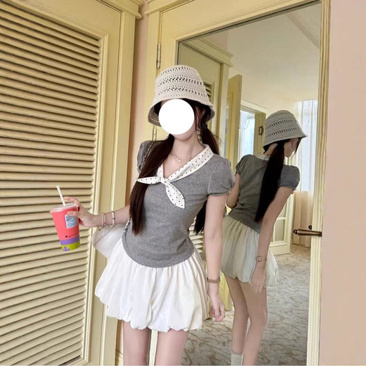 Blusa Coreana Lunares con Moño Ajustada Manga Corta Reductora