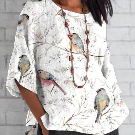 Playera Estampada de Cuello Redondo y Manga Tres Cuartos para Mujer