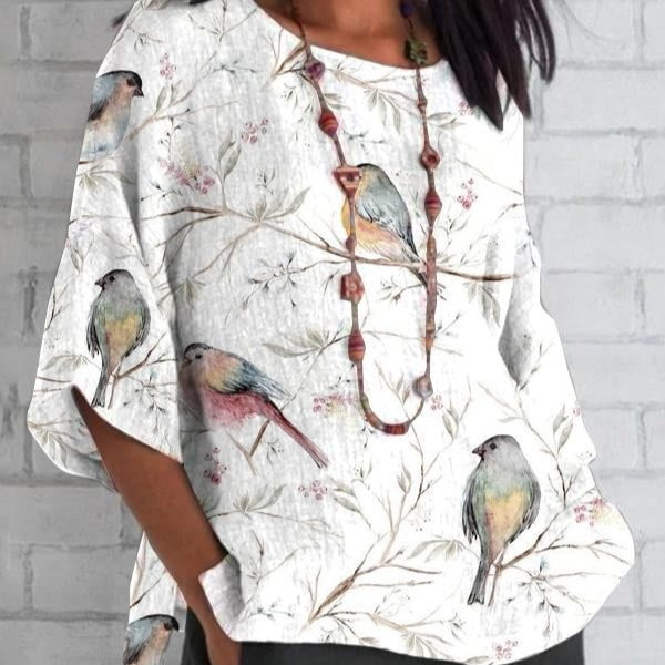 Playera Estampada de Cuello Redondo y Manga Tres Cuartos para Mujer