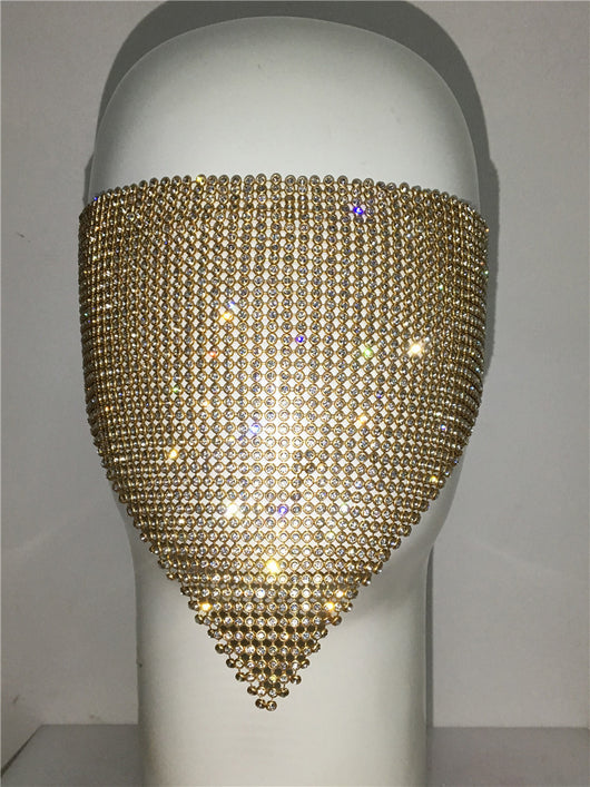 Gold rhinestone mask made of metal mesh, covering the face from the eyes to below the chin, displayed on a white mannequin head. - Image 9