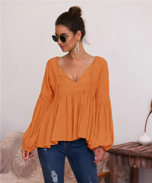 Blusa V-Neck con Mangas Abullonadas en Colores Sólidos - Image 12