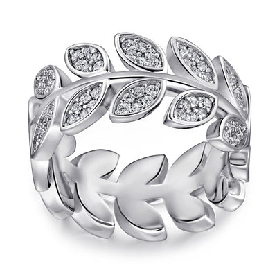 Anillo de Plata Esterlina Versión Ancha con Ojo de Caballo y Hojas de Diamante Incrustadas - Image 4