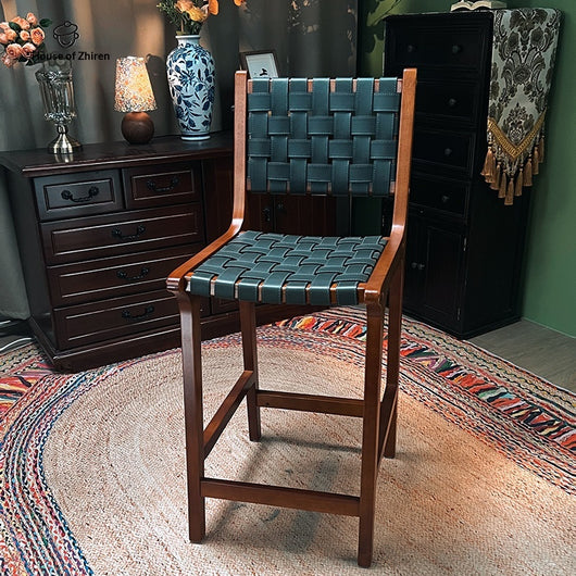 Taburete Alto de Cuero Vintage con Asiento de Silla de Madera Maciza - Image 3