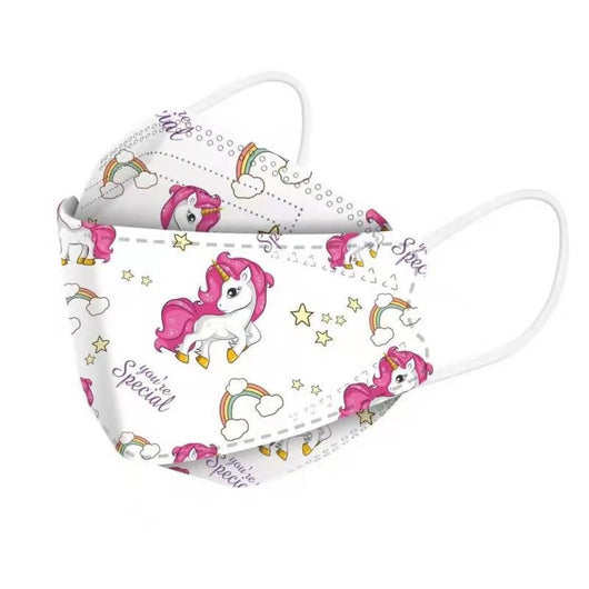 White children's KN95 mask with a cute cartoon pattern of blue bunnies, pink bears, trees, and flowers. - Image 22