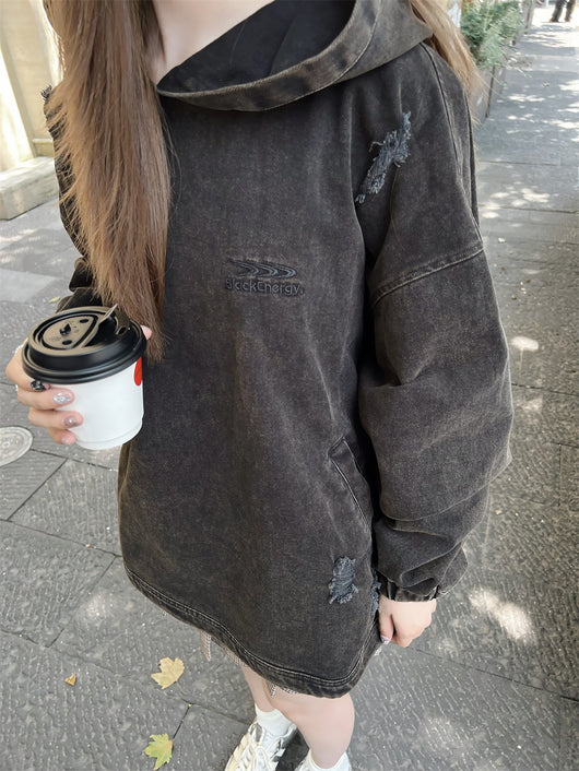 Sudadera Hoodie Denim Desgastada Estilo Punk con Capucha - Image 16