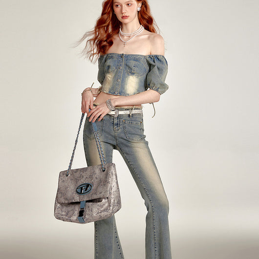 Top Denim Cropped con Cintura Fruncida y Cordones - Image 2