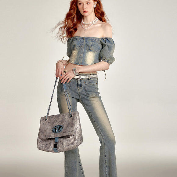 Top Denim Cropped con Cintura Fruncida y Cordones