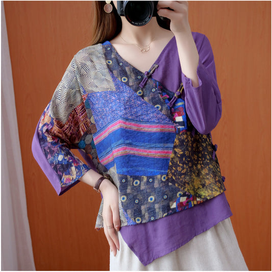 Camisa Retro de Ramio con Estampado Diagonal y Botones