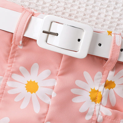 Conjunto Infantil de Shorts Estampados con Cinturón y Top Halter de Color Liso - Image 4