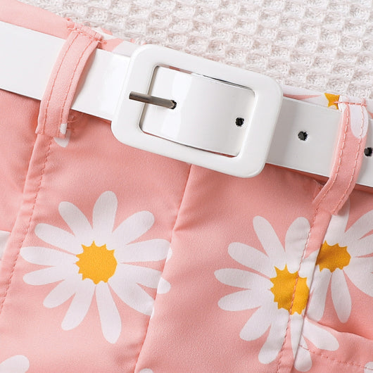 Conjunto Infantil de Shorts Estampados con Cinturón y Top Halter de Color Liso - Image 4