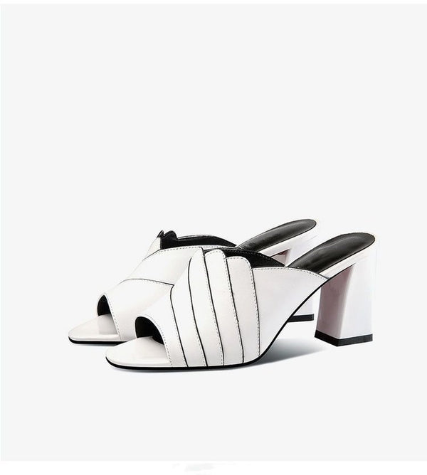 Sandalias de Cuero para Mujer con Tacón Grueso y Punta Abierta