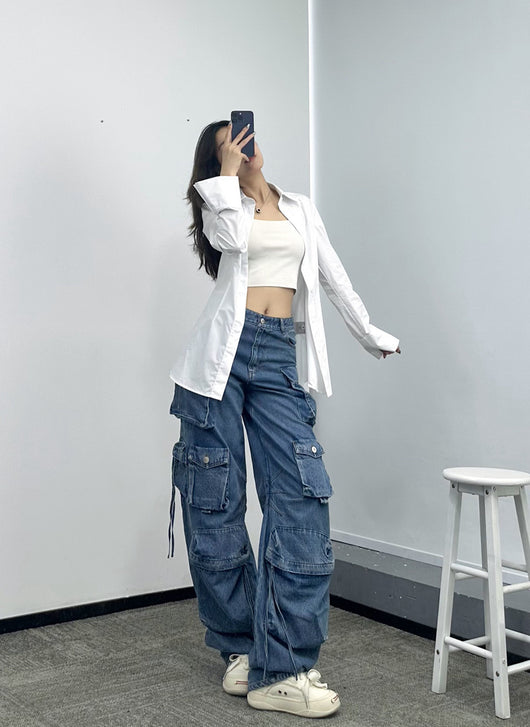 Pantalones Vaqueros Anchos para Mujer con Múltiples Bolsillos - Image 9